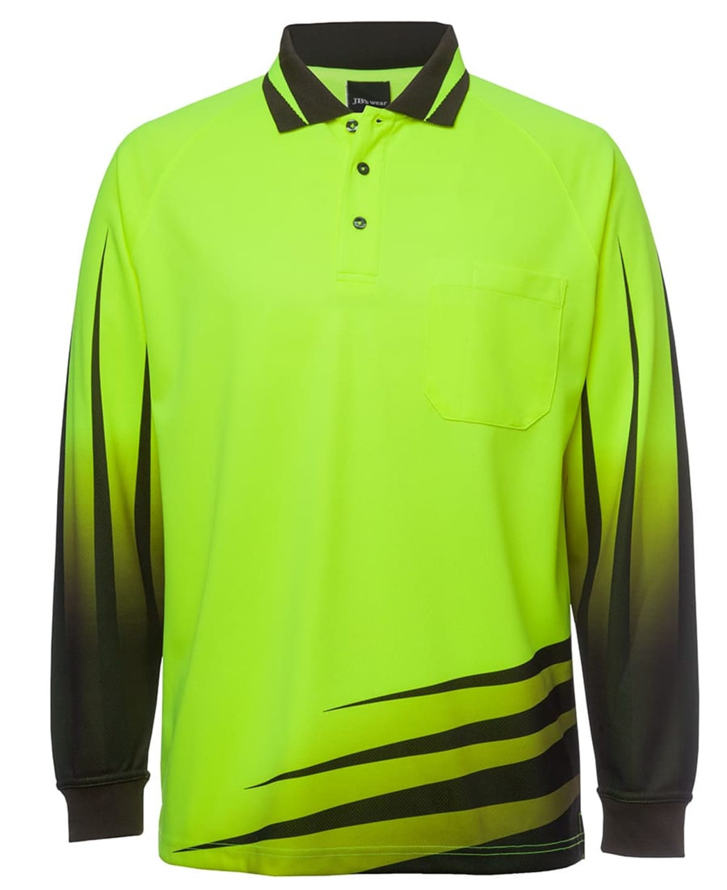A long-sleeve polo shirt in bright yellow with black gradient stripes and a chest pocket, featuring a logo.