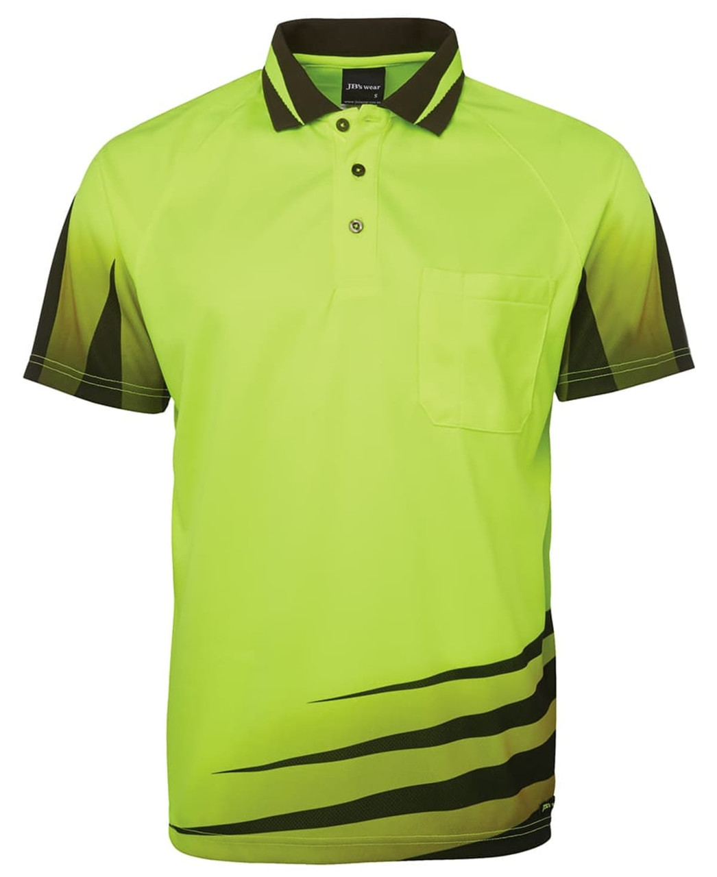 A bright yellow-green work polo shirt with black accents and a pocket, featuring a logo on the collar.