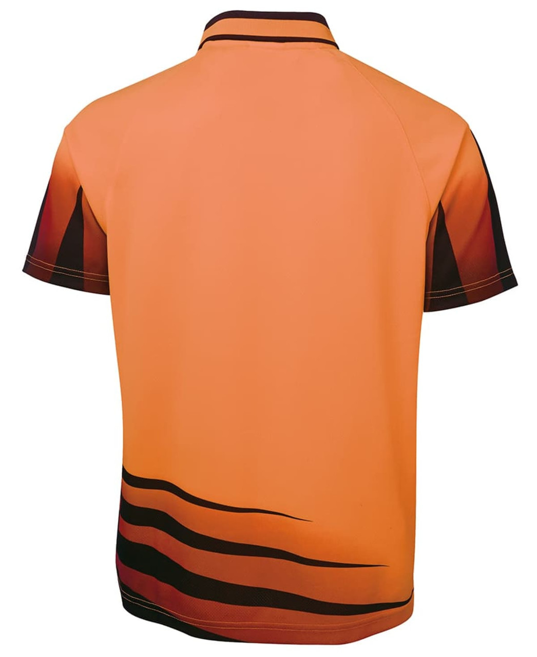 An orange and black work polo shirt featuring a dynamic design with wave patterns and a branding logo.