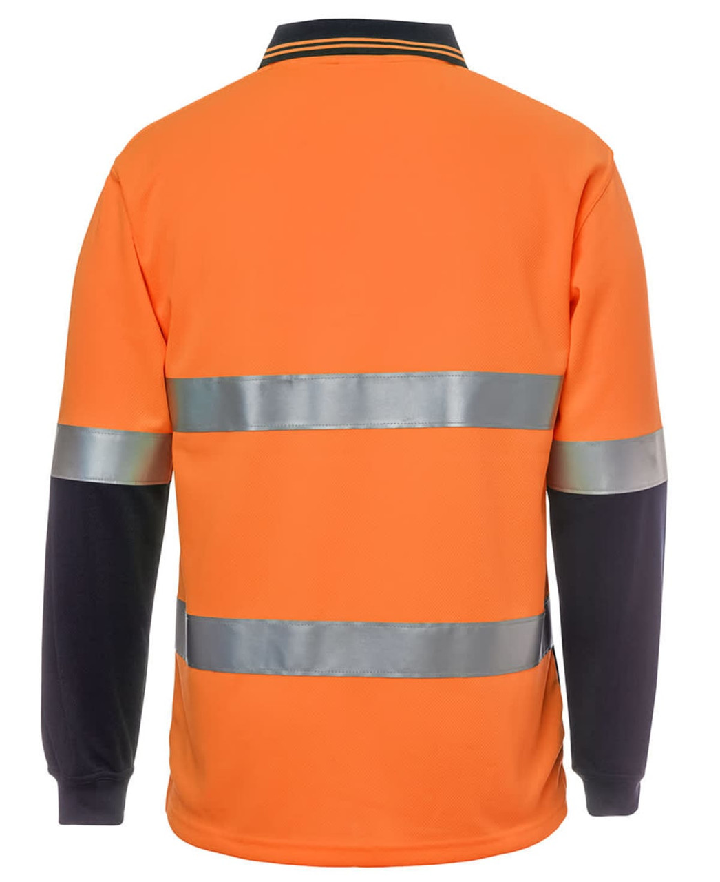 A high-visibility long-sleeve polo shirt in orange and navy, featuring reflective stripes and a collar.