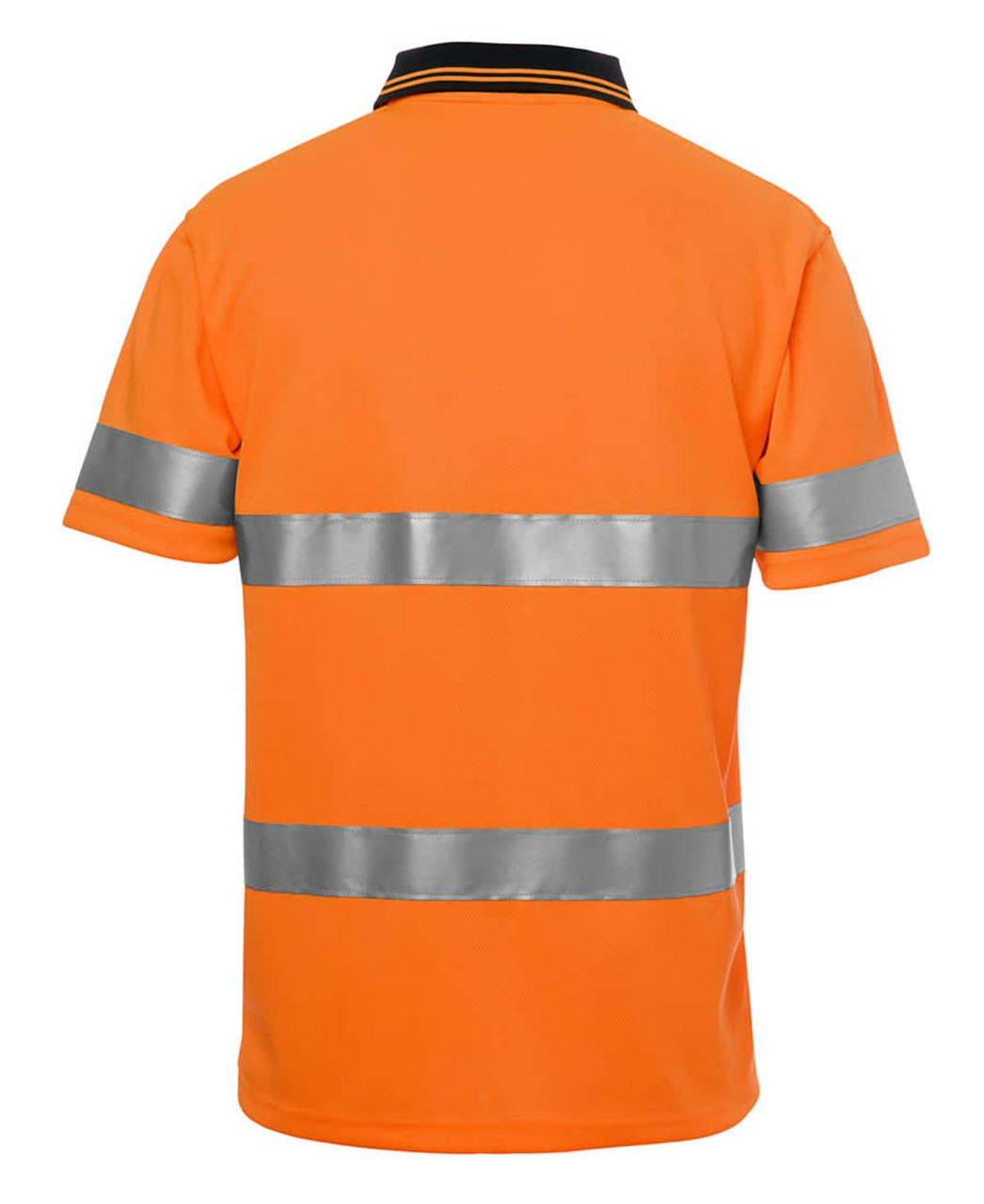 An orange polo shirt featuring reflective stripes and a collar, suitable for workwear. It has a logo on the front.