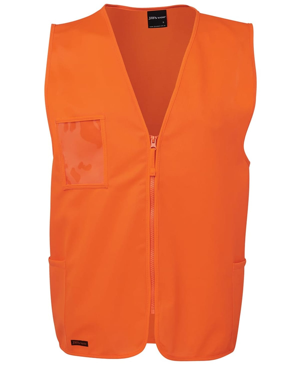 An orange safety vest featuring a zip front and a clear pocket, suitable for safety wear. It includes a logo.