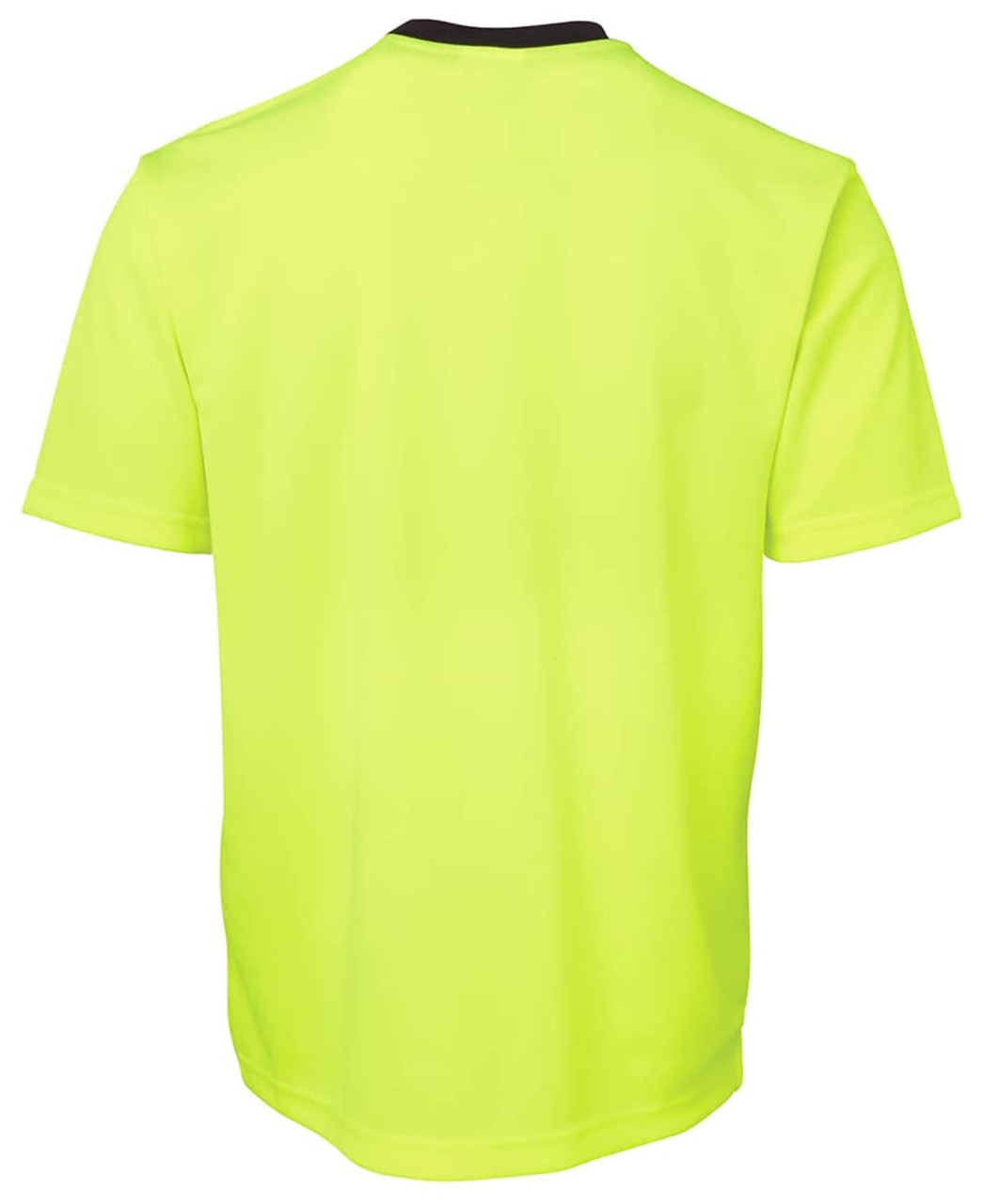A bright yellow work t-shirt with a black collar, featuring a logo on the back.