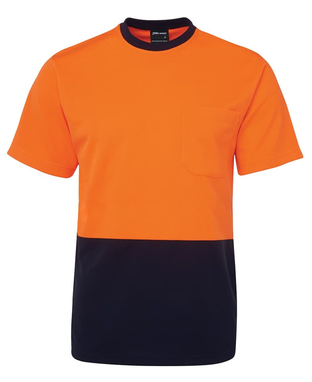 An orange and navy work t-shirt featuring a pocket and a branding logo.