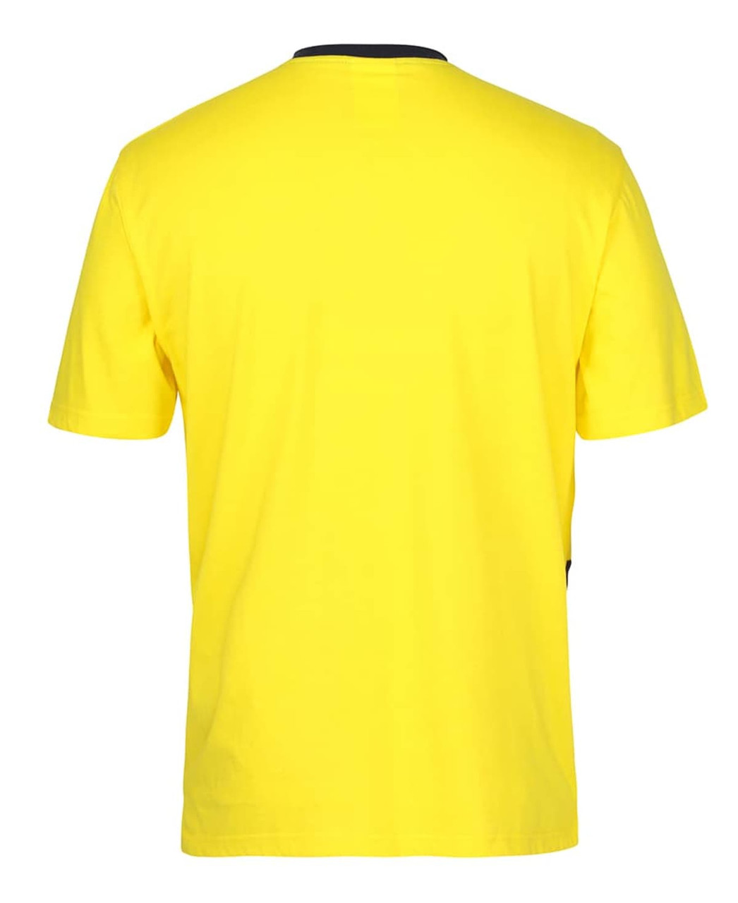 A yellow crew neck cotton T-shirt with a solid colour design and a logo on the side.