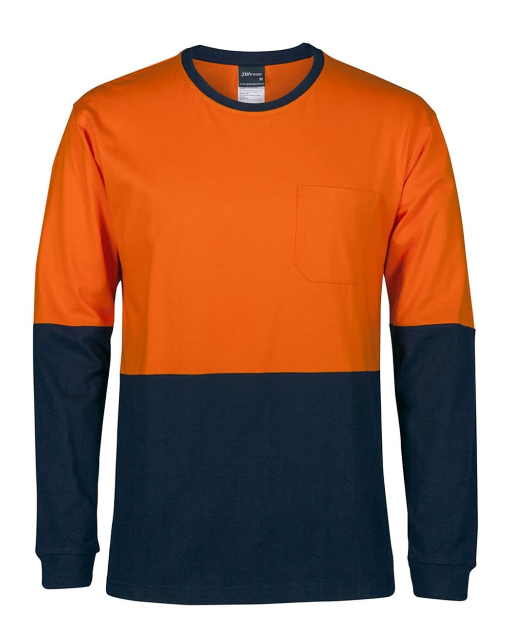 A long-sleeved crew neck cotton t-shirt in orange and navy blue with a pocket and logo.