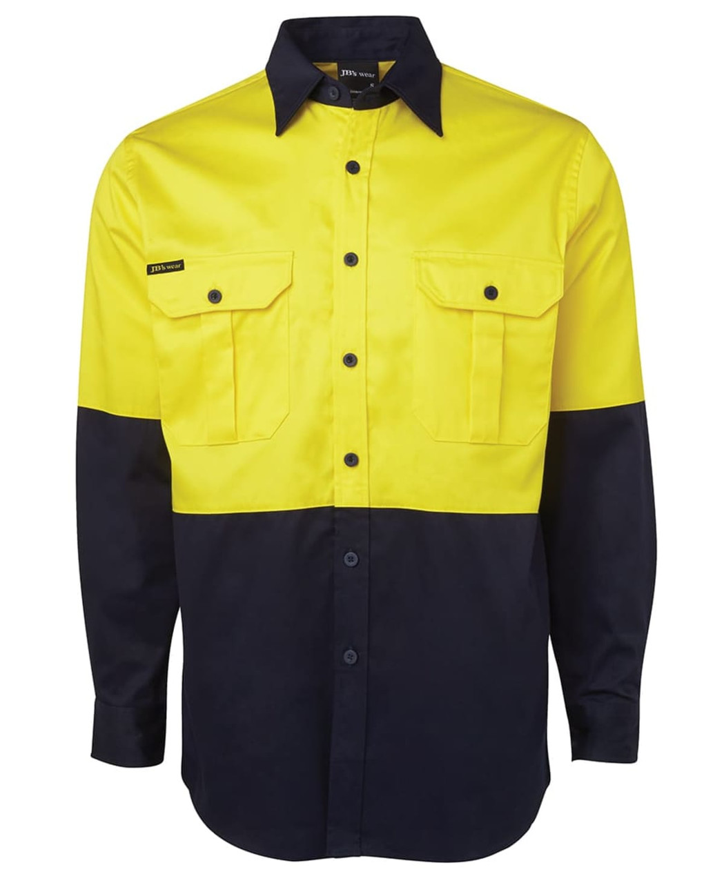 A long-sleeve work shirt in yellow and navy, featuring two front pockets and a logo on the chest.