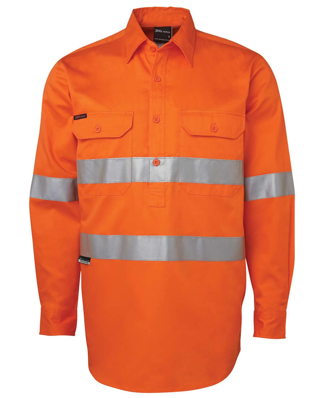 An orange long-sleeve work shirt with reflective silver stripes and a logo. It features two chest pockets and a button-up front.