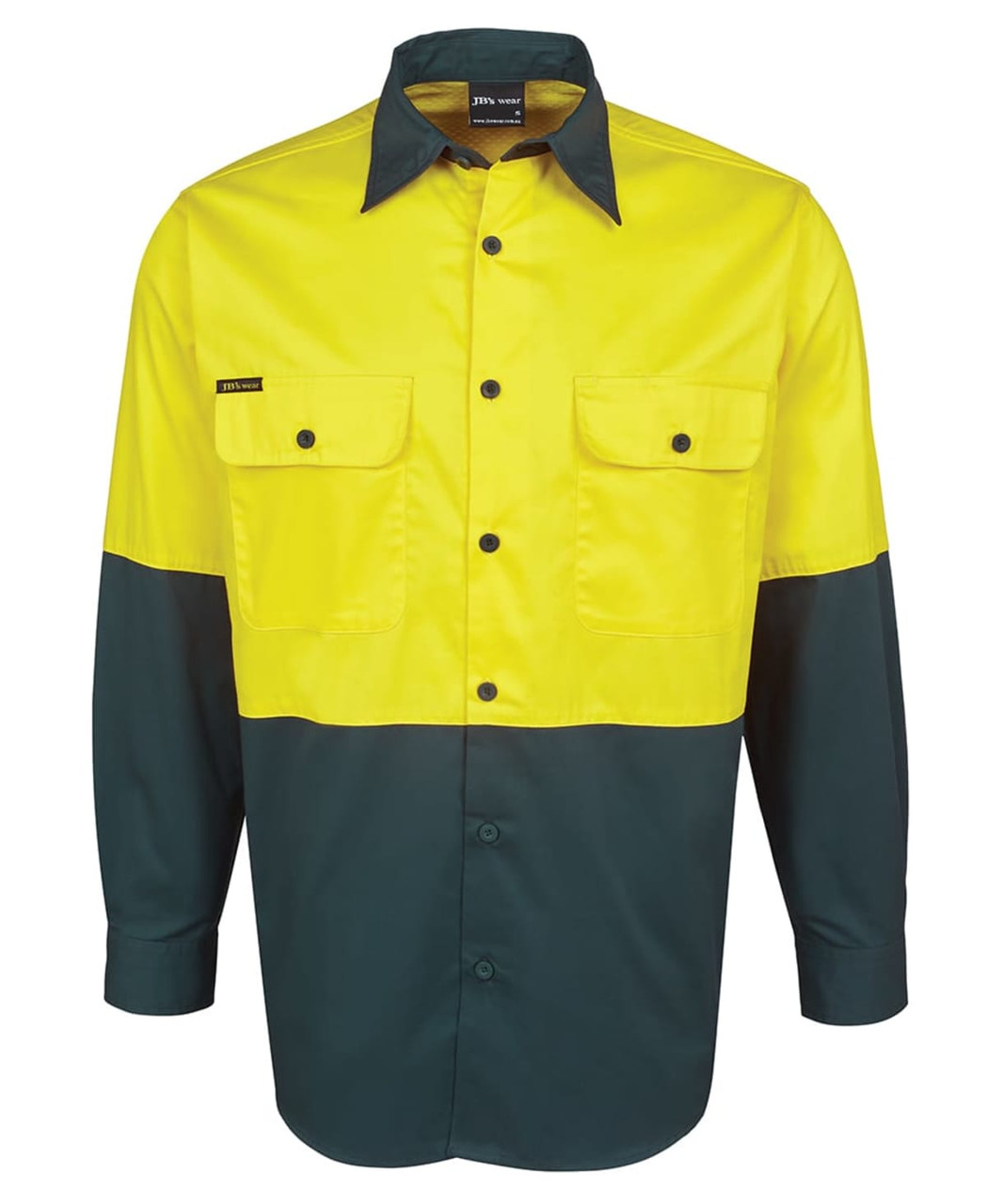 A long-sleeved work shirt featuring a yellow upper half and dark green lower half, with two chest pockets and a logo.