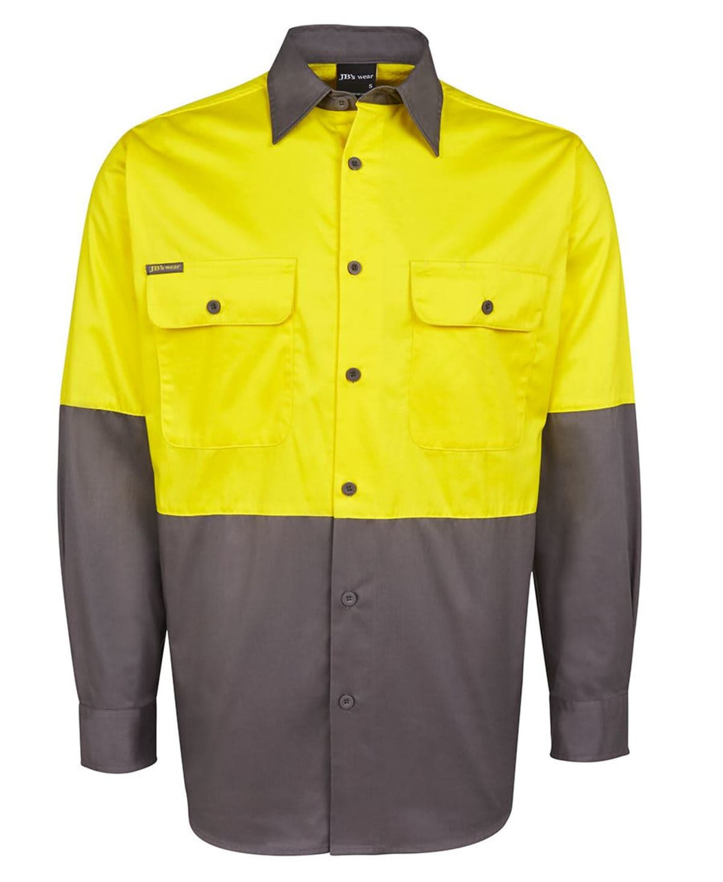 A long-sleeve work shirt in high-visibility yellow and grey with two chest pockets and a logo.
