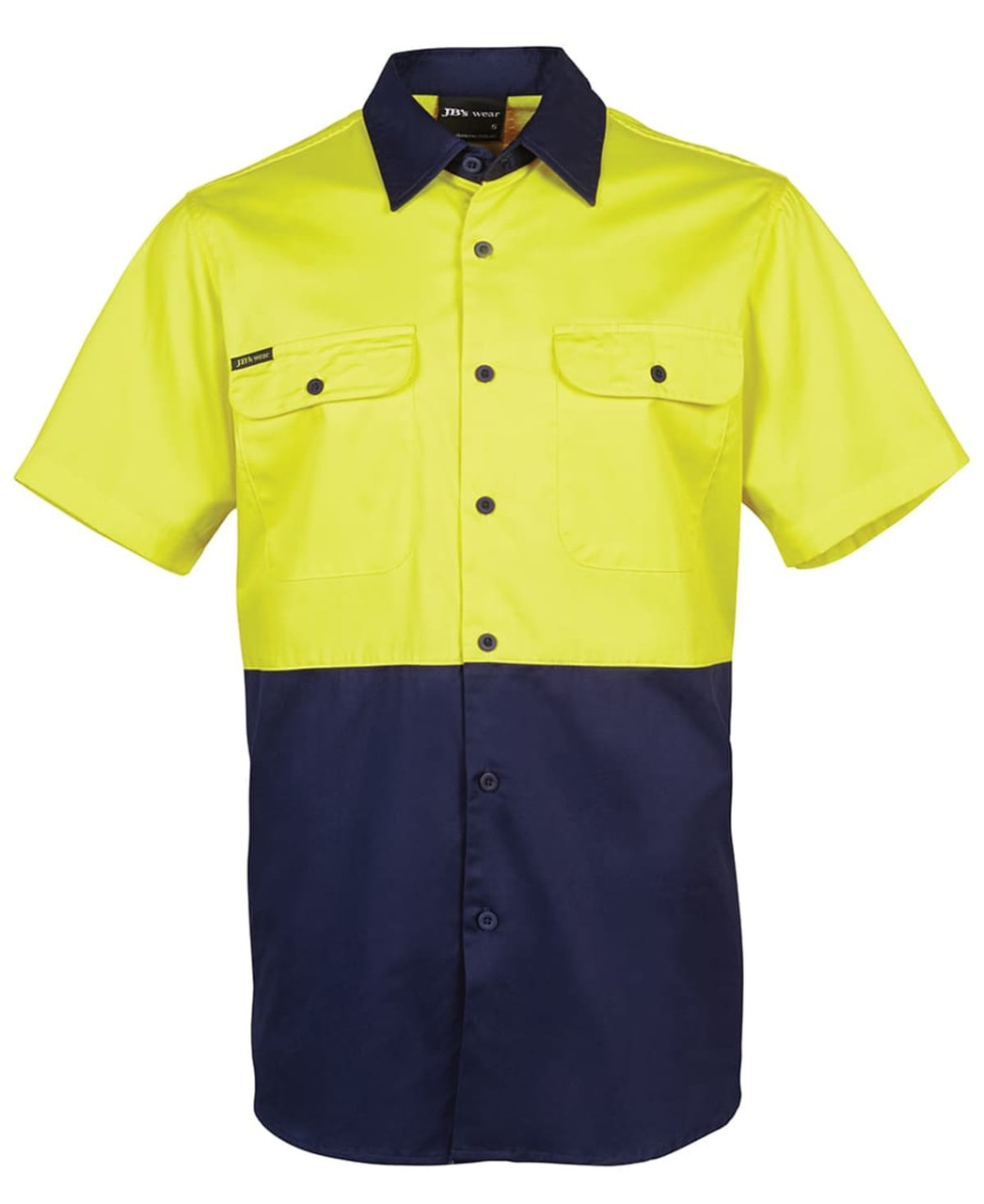 A short-sleeved work shirt in bright yellow and navy blue with two front pockets and a brand logo.