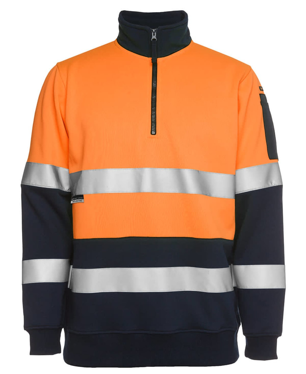 A half-zip fleece jumper in orange and navy with reflective stripes and a logo on the sleeve.