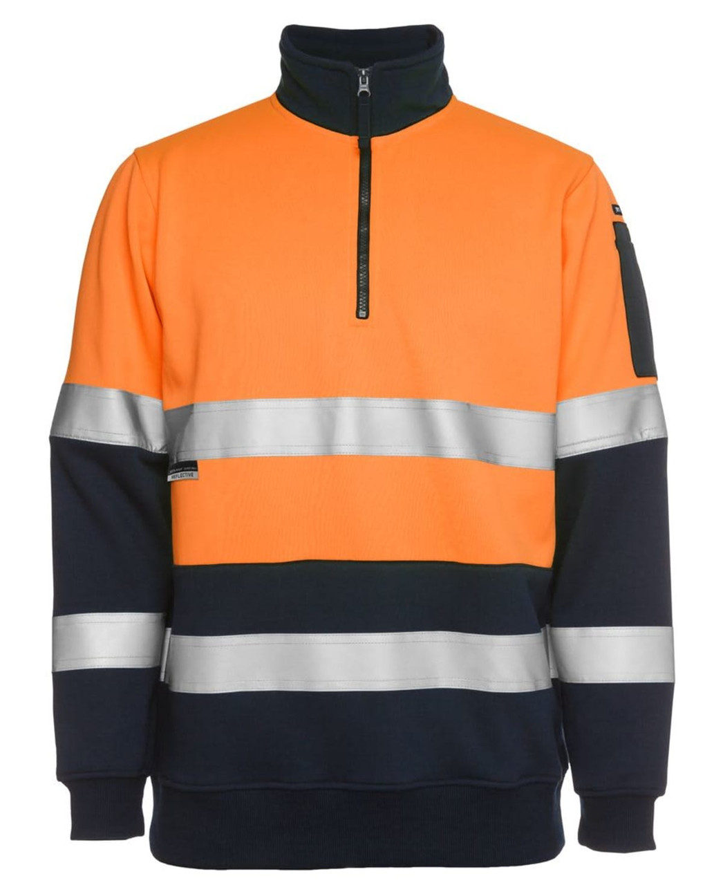 A high-visibility fleece jumper with an orange body and navy blue sleeves, featuring reflective strips and a zip collar.