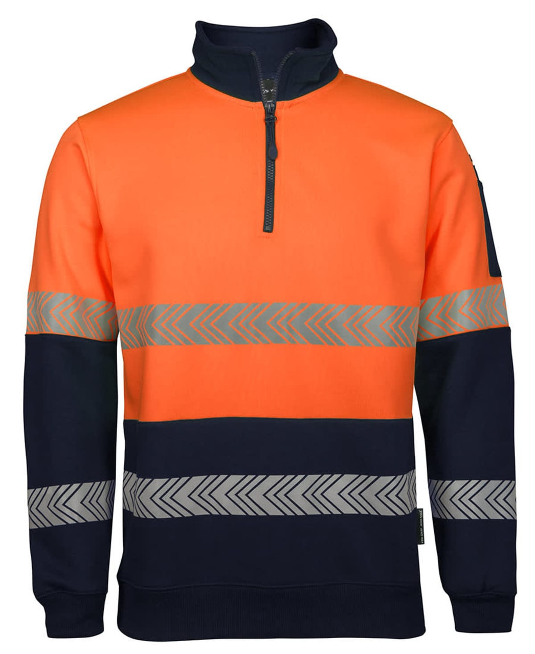 A work jumper featuring an orange and navy design, with reflective segmented tape stripes and a zippered neck.