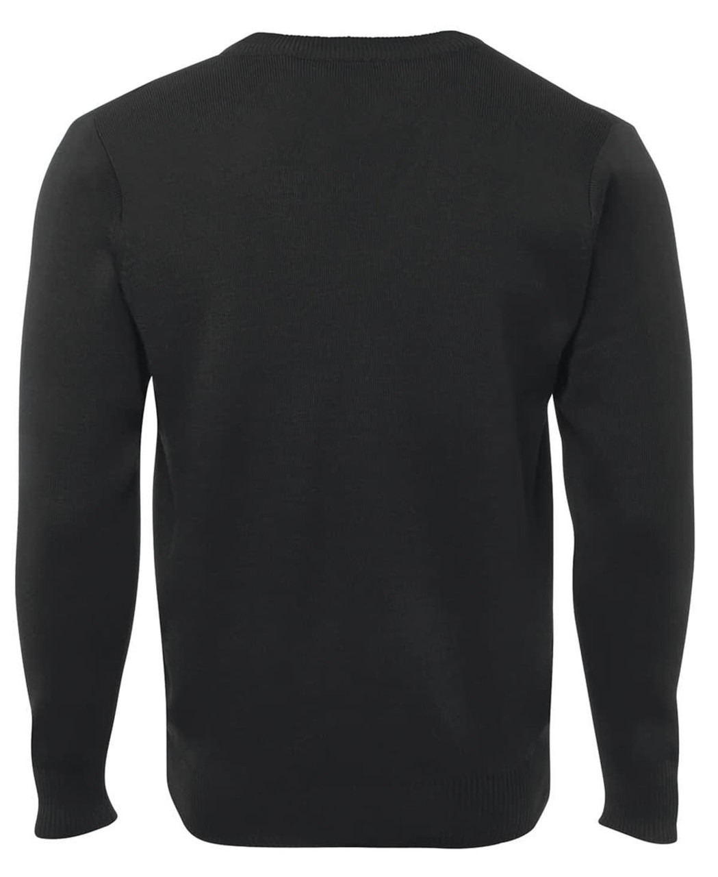 A black knitted jumper with long sleeves and a simple design, featuring a back view. It has a branding logo.