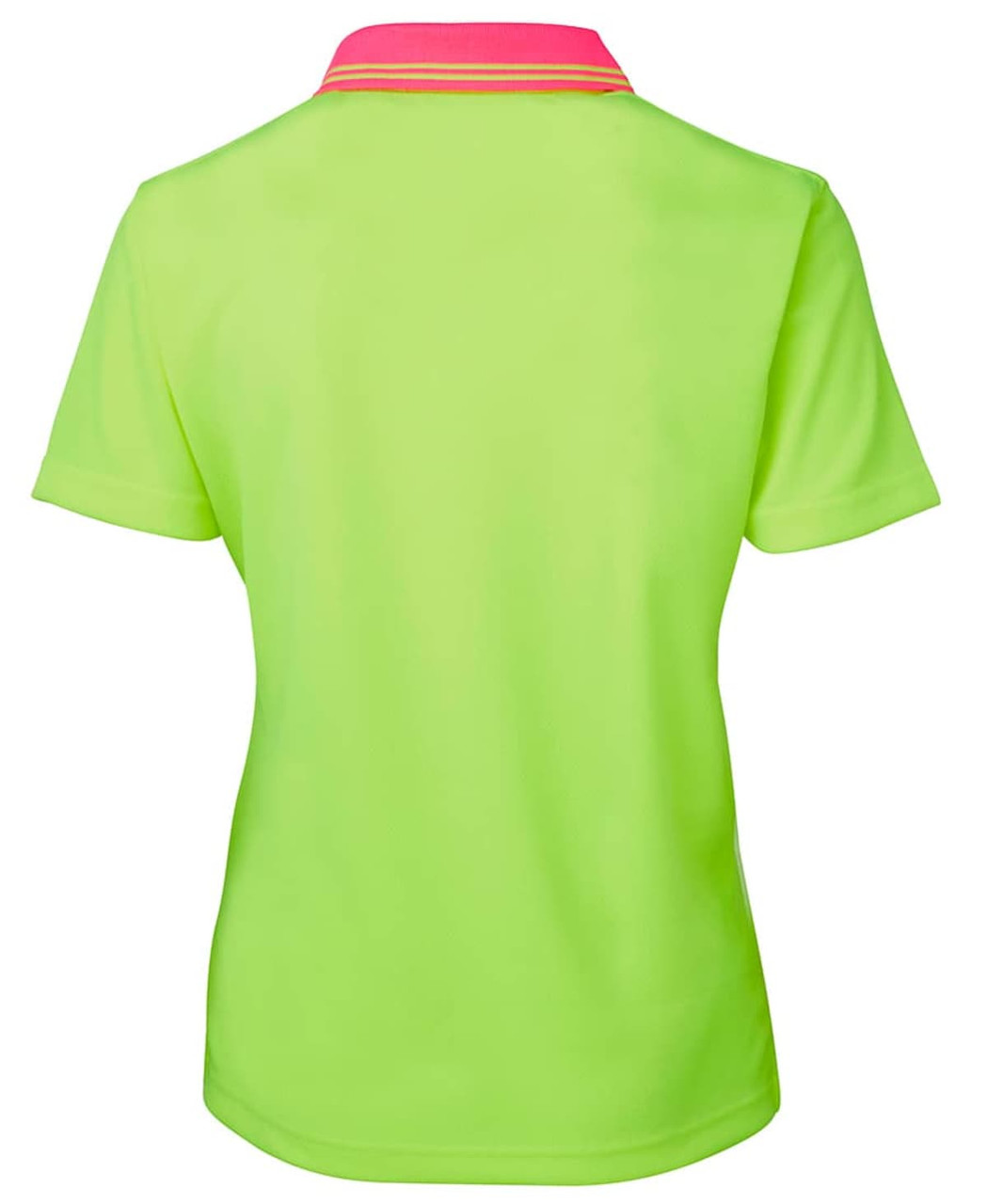 A vibrant lime green ladies polo shirt featuring a contrasting pink collar and a logo on the back.