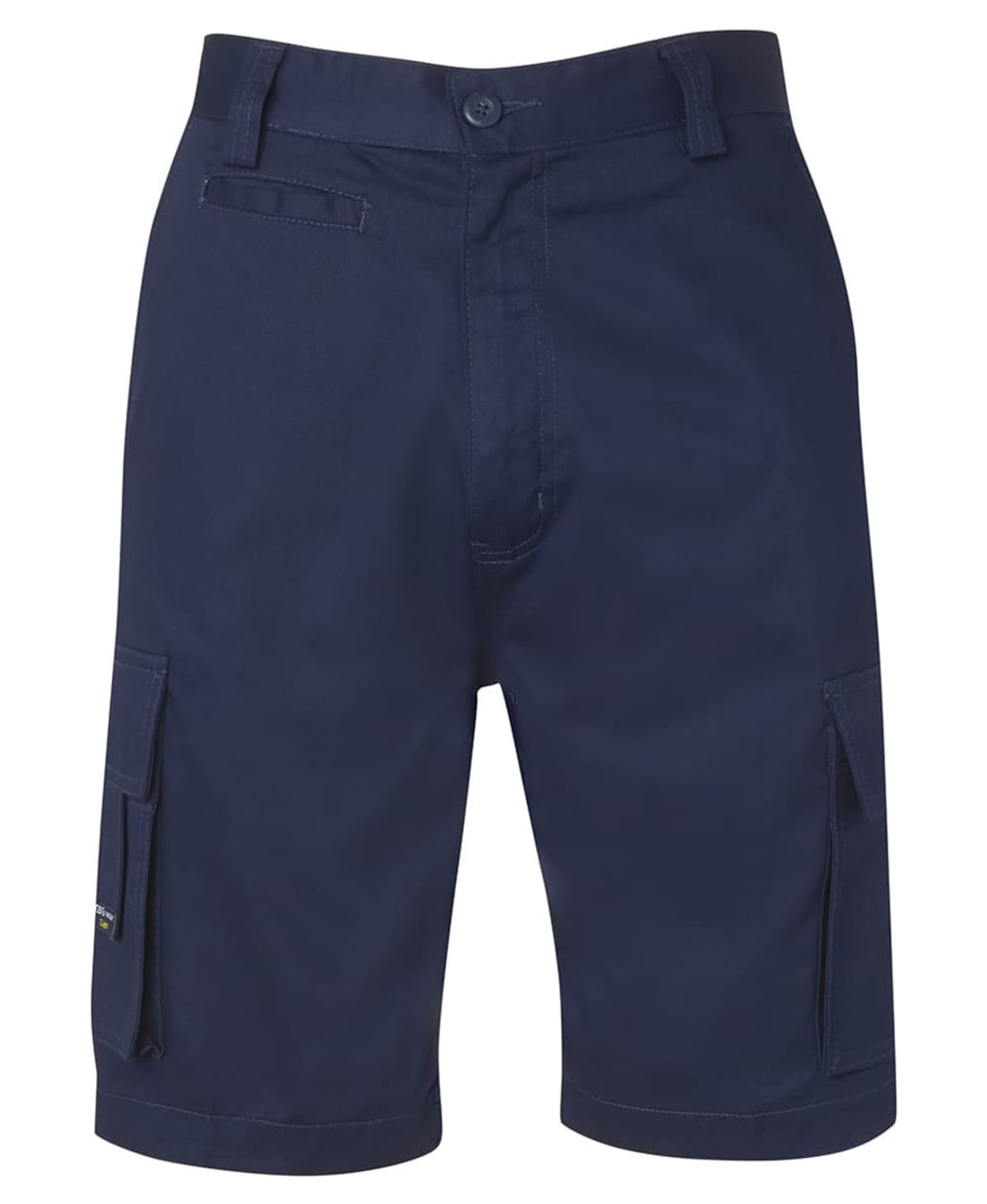 Navy cargo shorts featuring multiple pockets and a button closure, with a logo present.