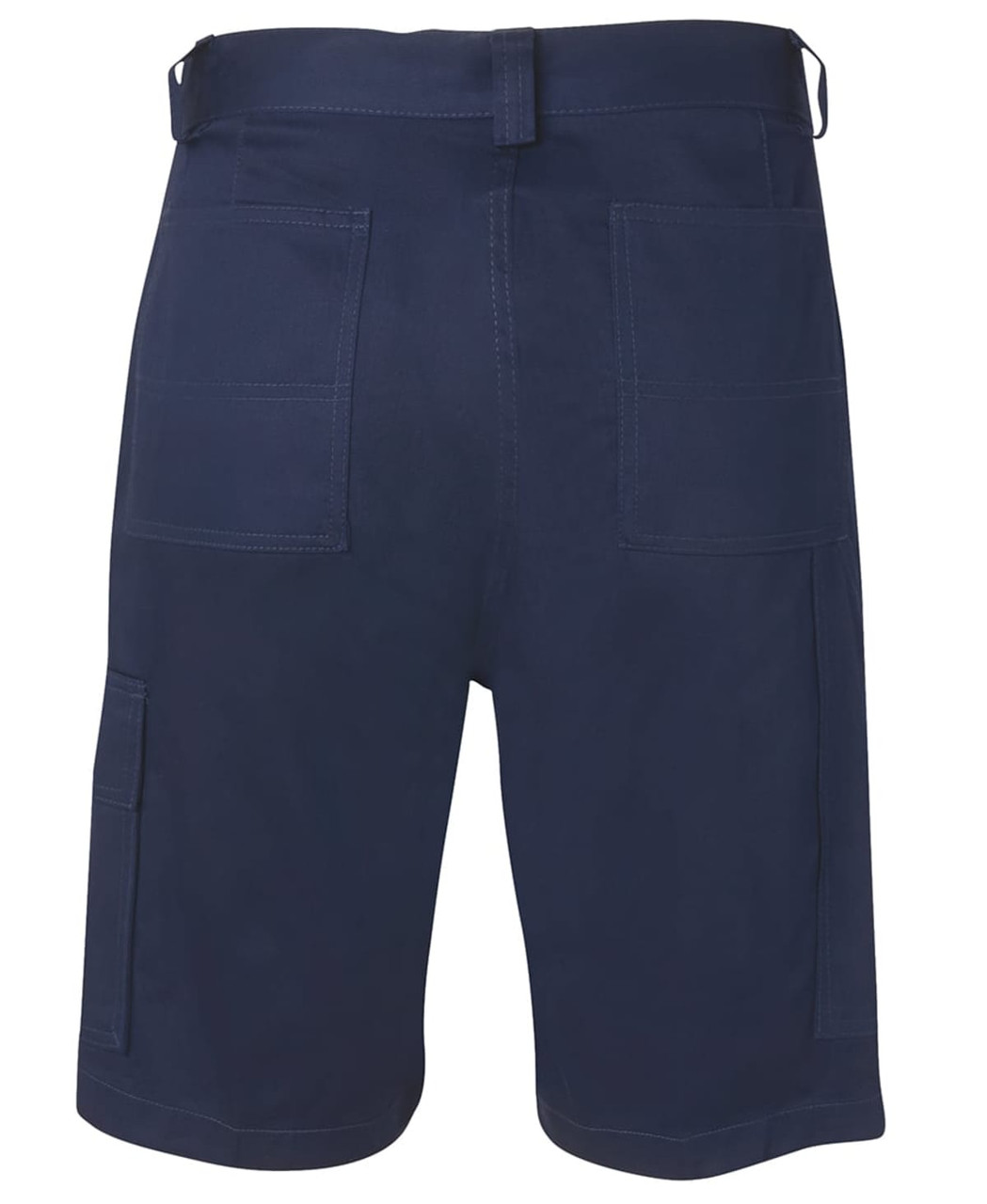 Light navy cargo shorts featuring multiple pockets and a simple design on the back. Includes a logo.
