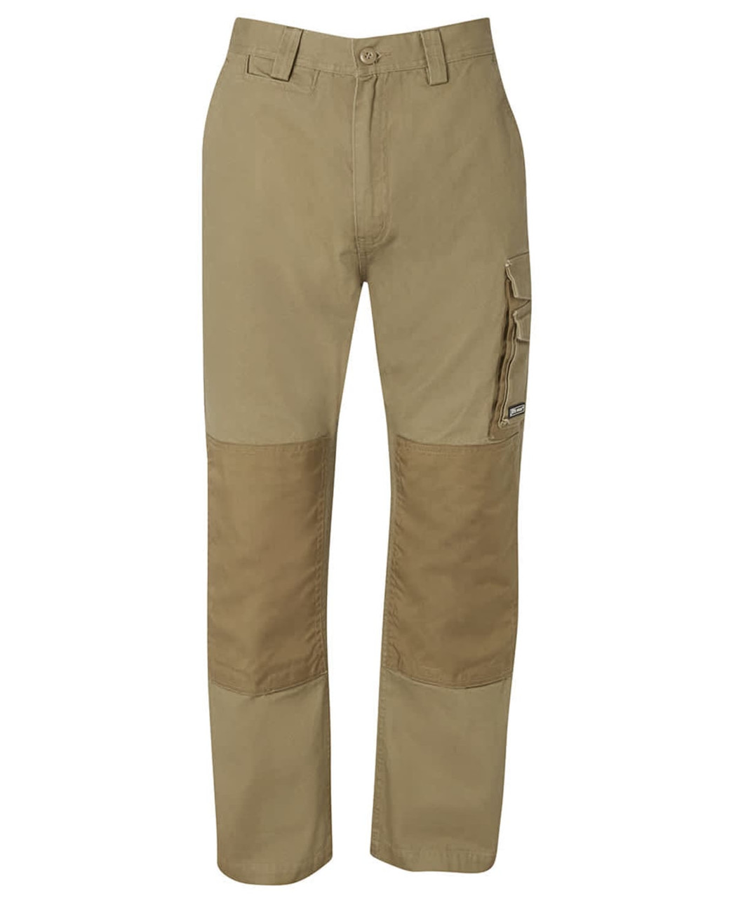 A pair of beige cargo pants with side pockets and reinforced patchwork on the lower legs. Features a small branding logo.