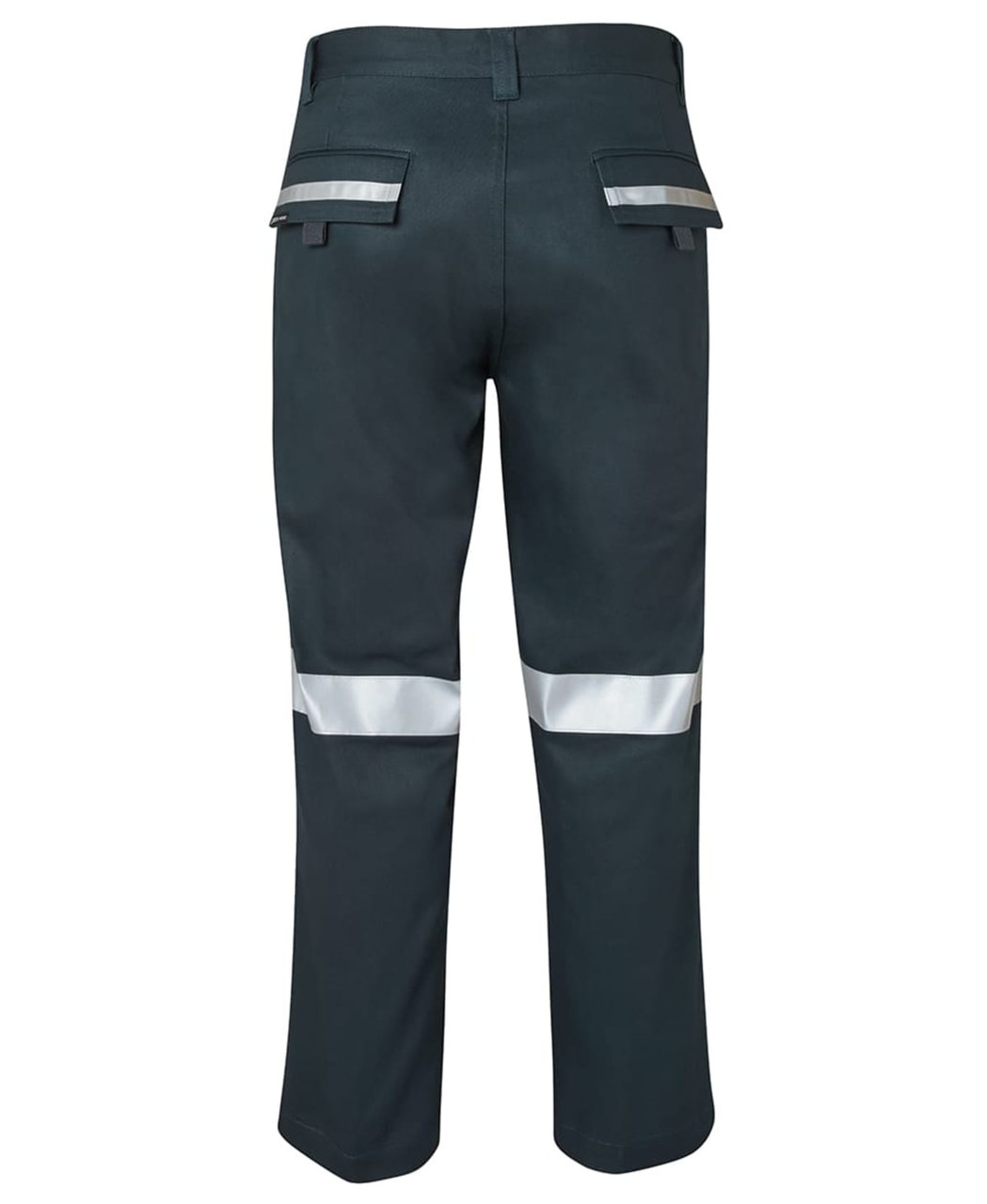Work trousers in dark green with reflective tape on the legs. Features pockets and a logo on the waistband.