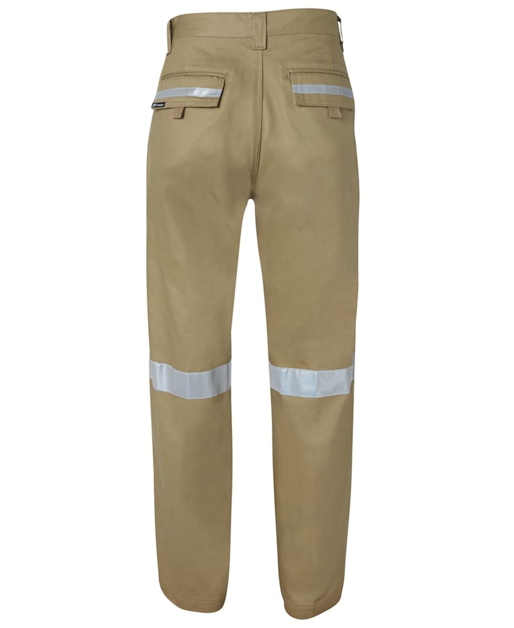 Work trousers in khaki with reflective tape on the legs. Features pockets and a logo on the back.
