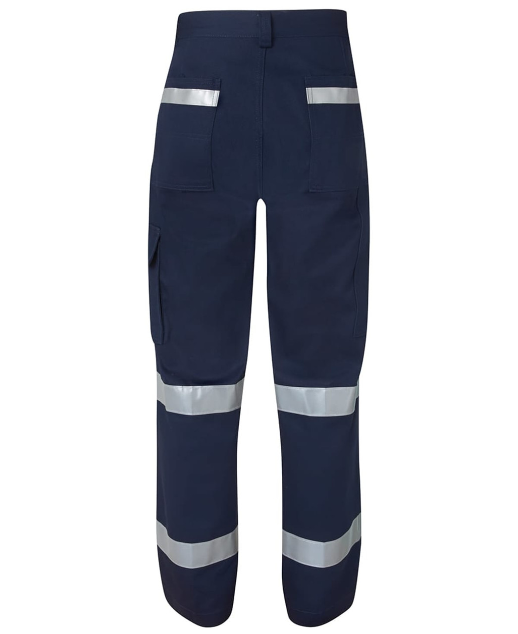Navy work pants with multiple pockets and reflective tape, featuring a logo on the waistband.