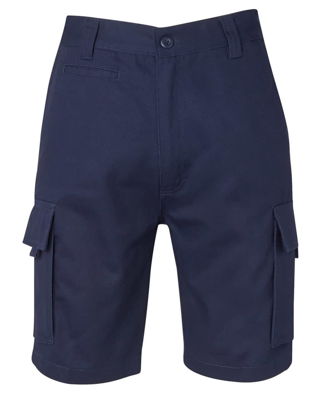 Navy cargo shorts featuring side pockets and a button closure. Includes branding details.