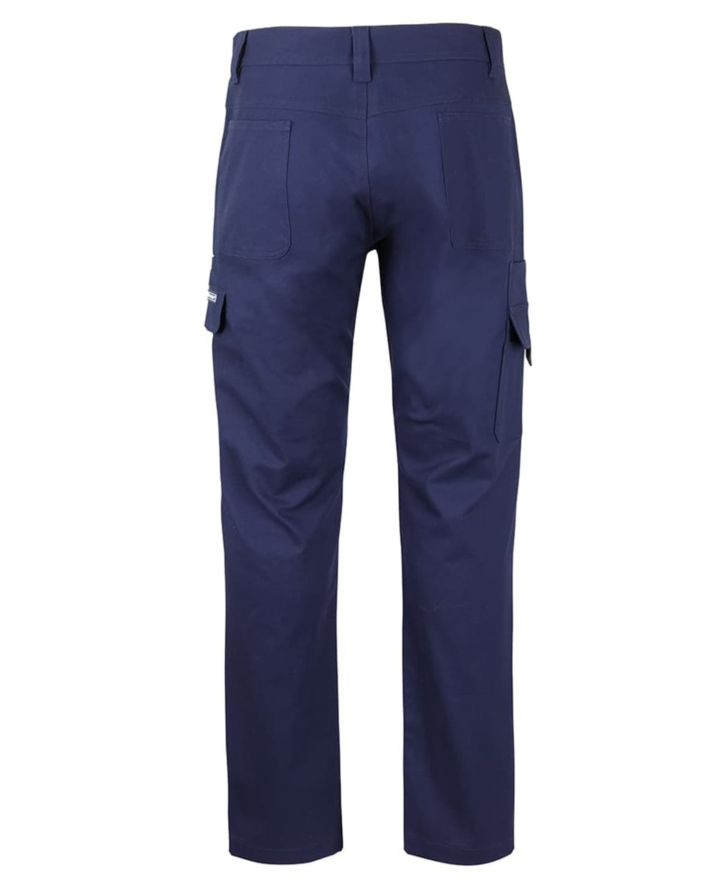 Navy cargo pants with multiple pockets and a brand logo, featuring a stretch canvas fabric.