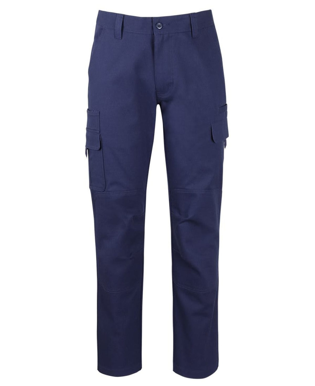 A pair of navy cargo pants featuring multiple pockets and straight legs, with a logo visible on the waistband.