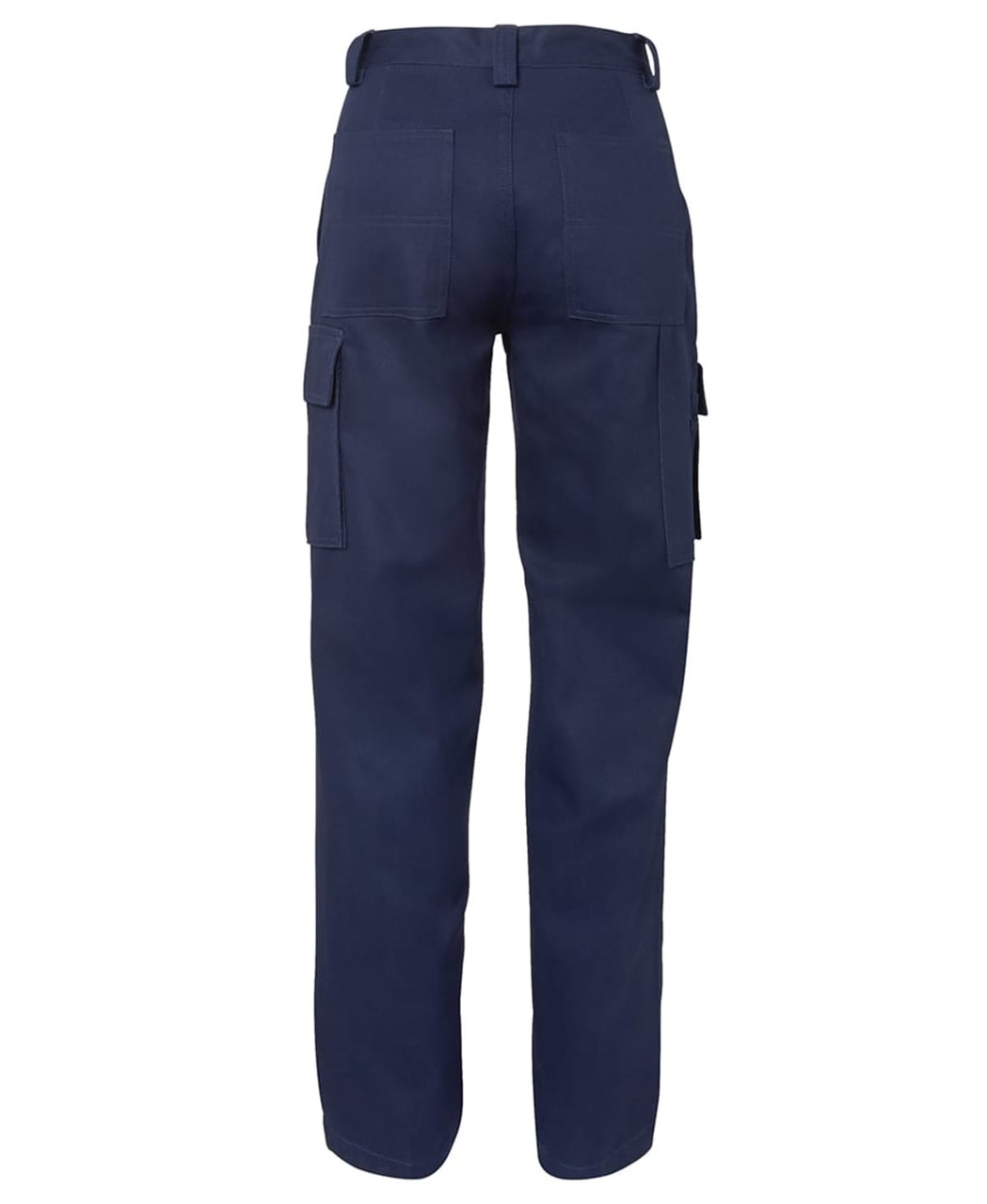 Navy cargo pants featuring multiple pockets and a classic fit, designed for women's wear. Includes branding.