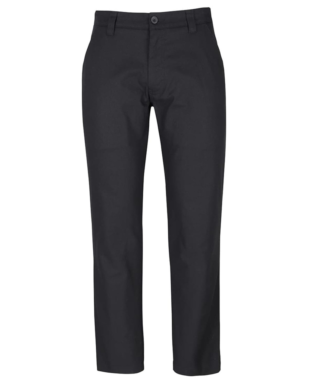A pair of black trousers made from stretch canvas, featuring a button and zip closure, and styled with pockets.