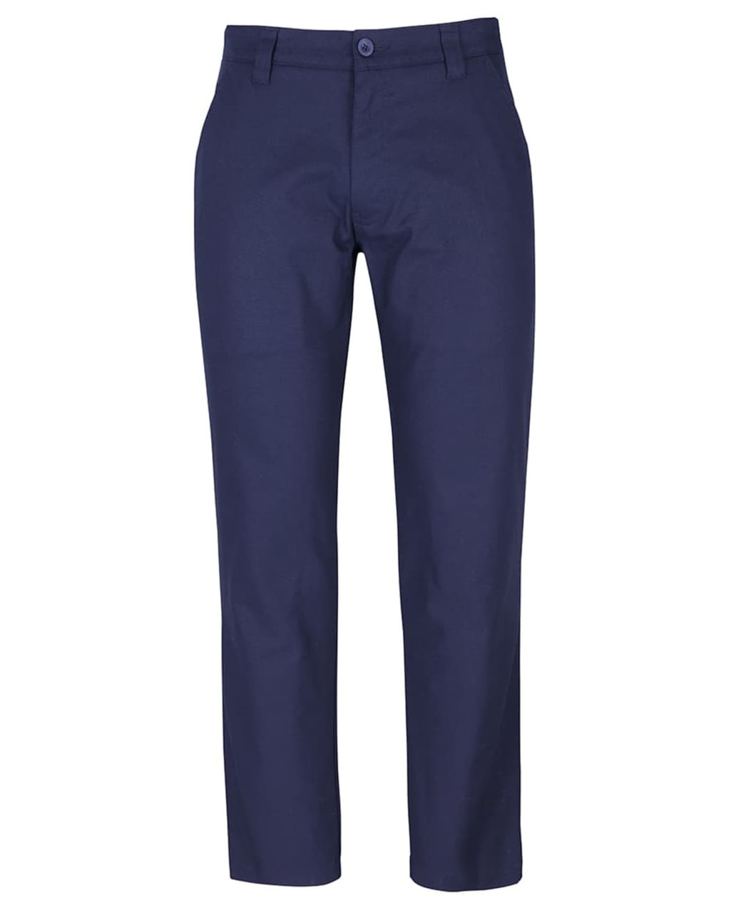 Navy blue trousers made of stretch canvas with a button closure and pockets, featuring a logo.