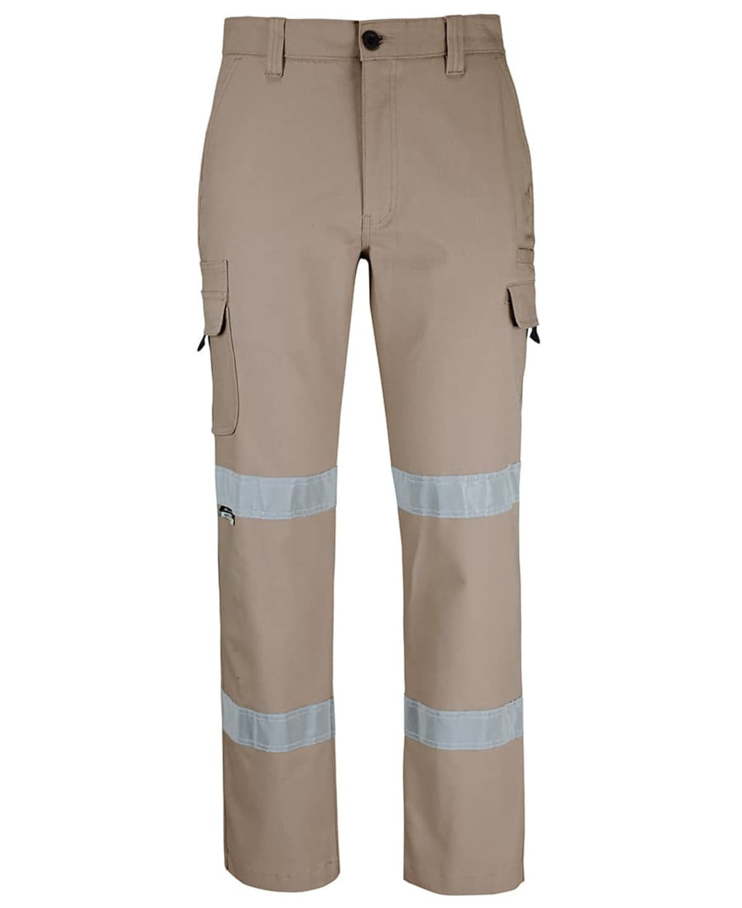A pair of khaki cargo pants featuring reflective D+N tape, with multiple pockets and a brand logo.