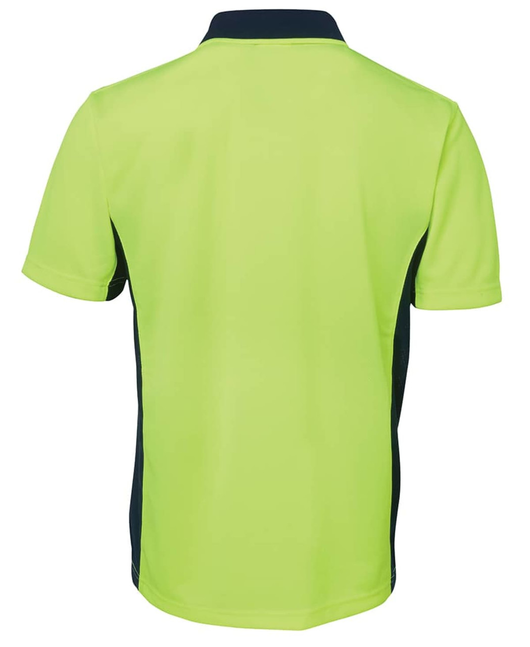 A high-visibility lime green and navy short-sleeved polo shirt with a logo. Back view displayed.
