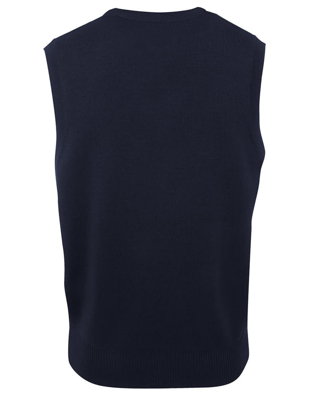 A dark navy knitted vest featuring a sleeveless design, with a subtle ribbed texture at the hem. It has a logo.