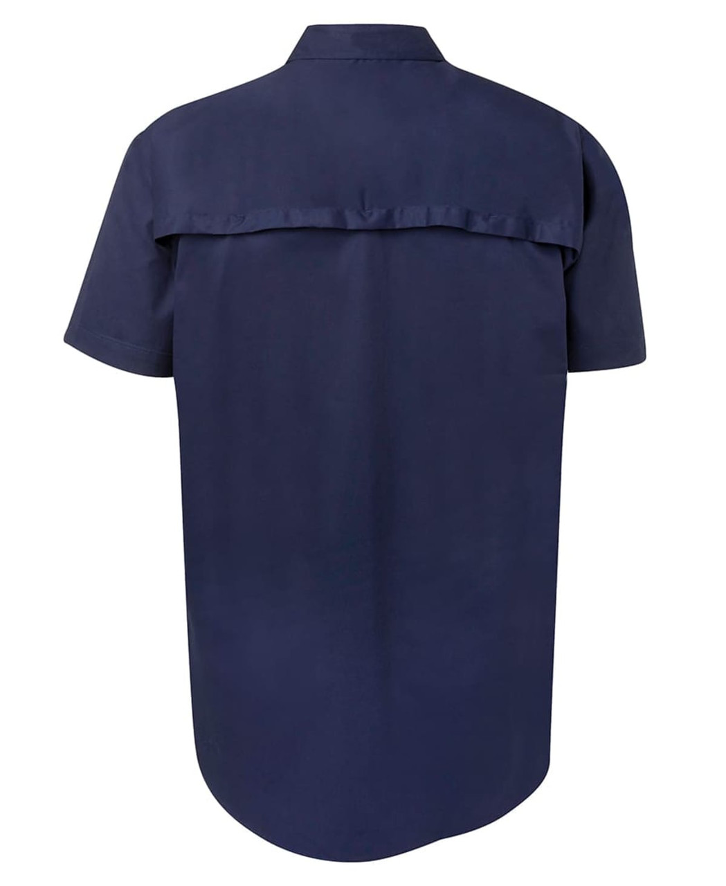 A navy short-sleeved work shirt with a back yoke detail and a logo on the side.