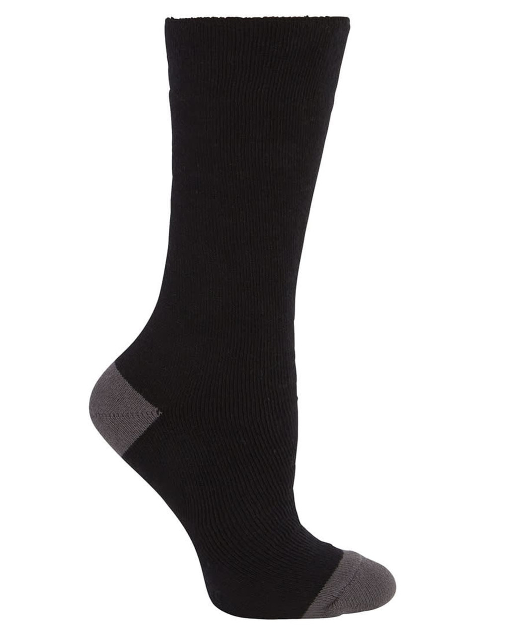 A black sock with grey accents, designed for workwear, featuring a logo.