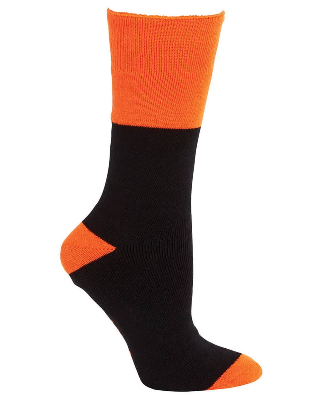 A black and orange work sock with a snug fit, featuring a contrasting colour block design and a logo.