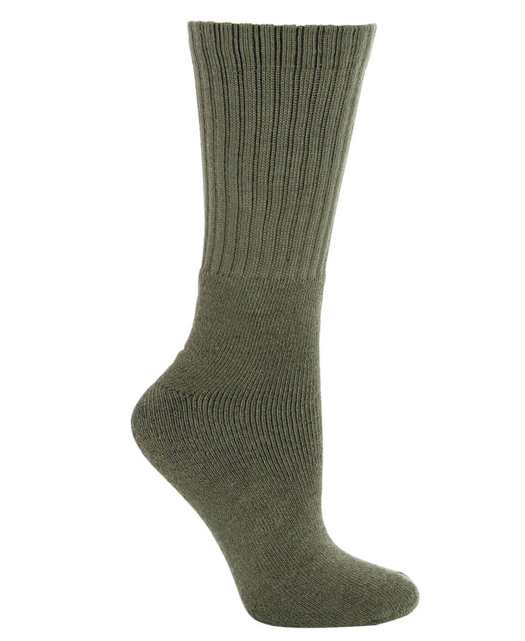 A green sock with a ribbed design, featuring a rounded toe and reinforced heel. Includes a branding logo.