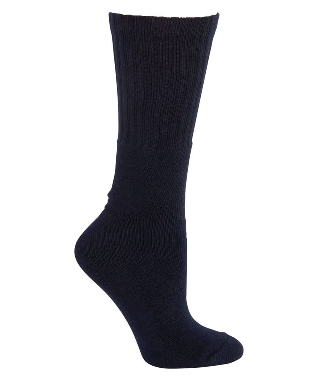 A pair of black socks featuring a ribbed design, showcasing the ankle and foot area. Includes a logo.