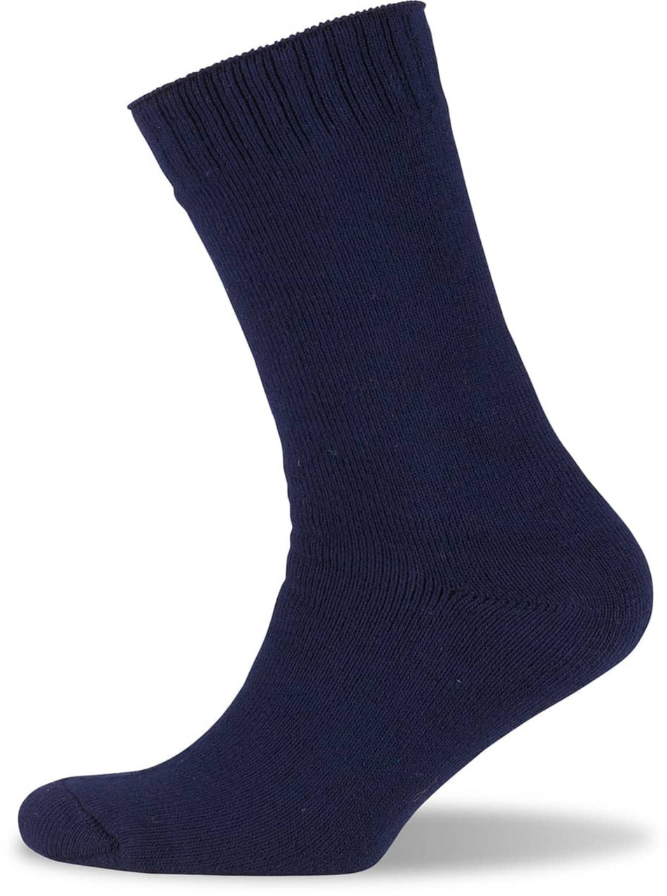 A navy blue bamboo work sock featuring a thick, comfortable design and a ribbed cuff.