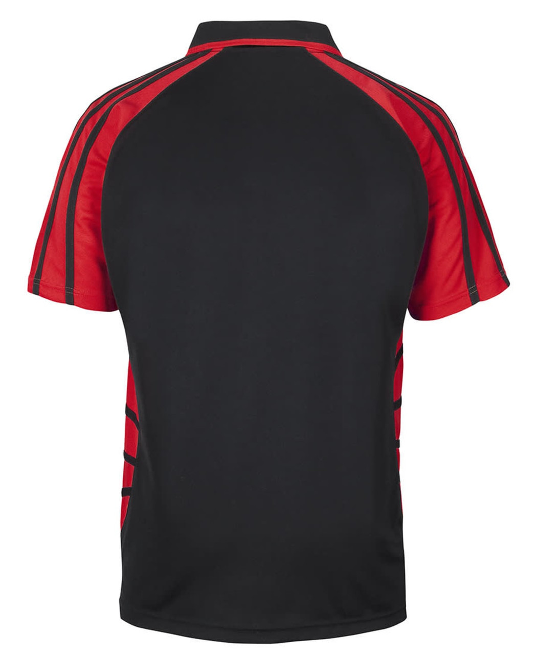 A polo shirt featuring a black body with red accents and a logo on the front.