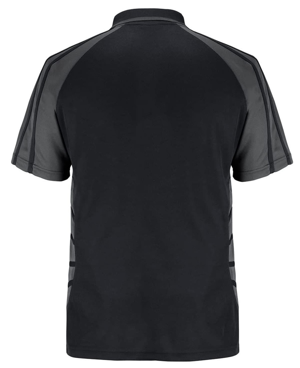 A black polo shirt featuring a sleek design with contrasting grey accents and a logo on the back.