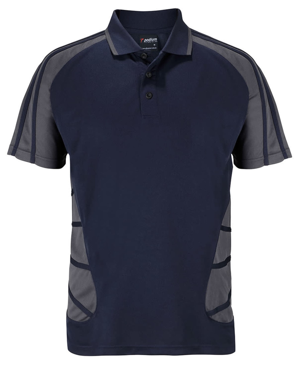 A navy blue polo shirt with grey accents and a brand logo. It features a classic collar and short sleeves.