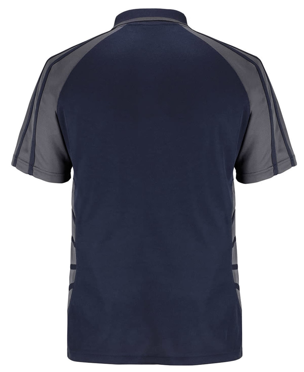 A navy blue polo shirt featuring grey accents, with a plain back and a subtle logo.