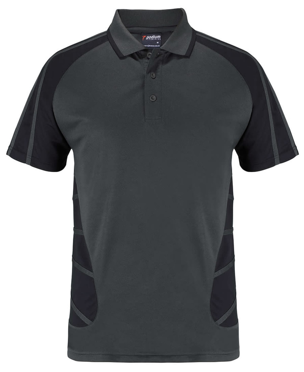 A polo shirt featuring a dark grey body with black accents and a logo on the collar.