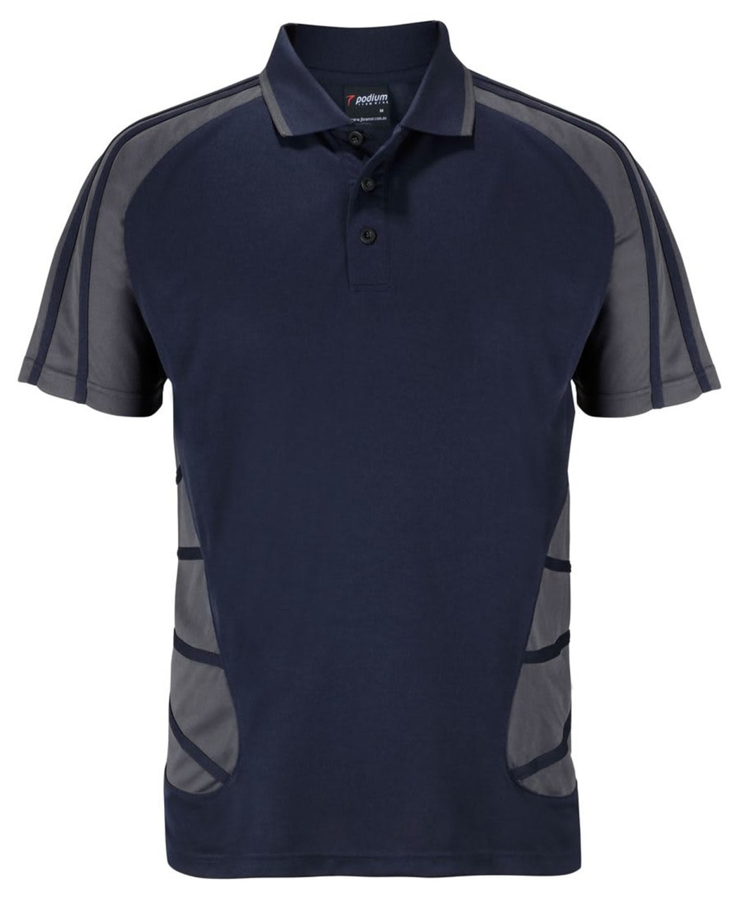 A navy polo shirt with grey accents and a logo, featuring a classic collar and short sleeves.