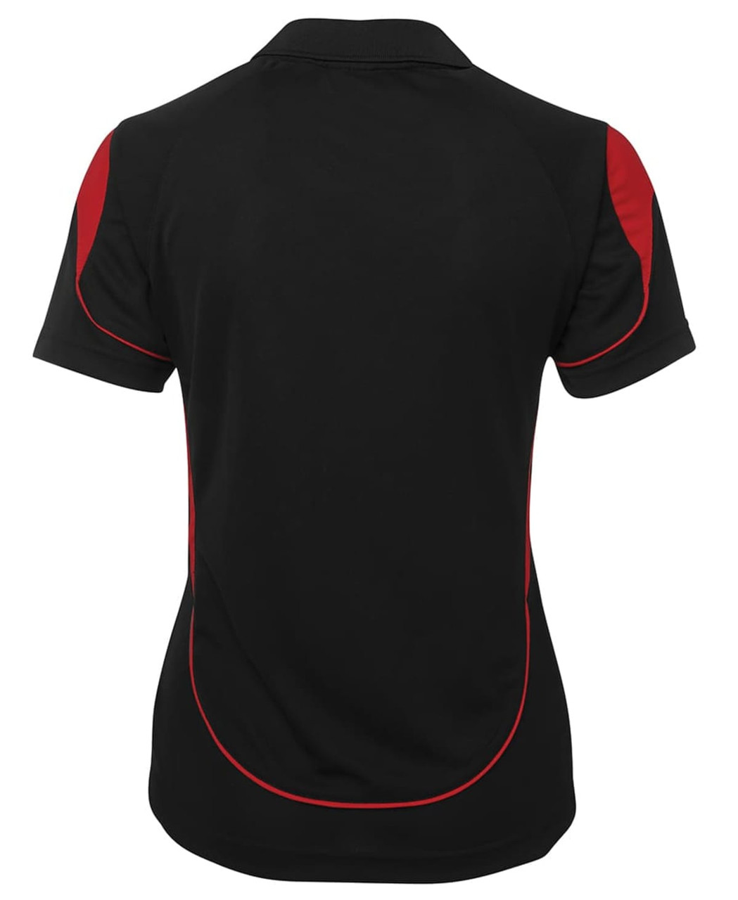 A women's polo shirt in black with red accents, featuring a logo on the back.