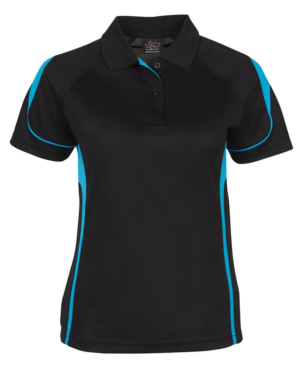 A black polo shirt featuring turquoise accents and a logo on the chest.