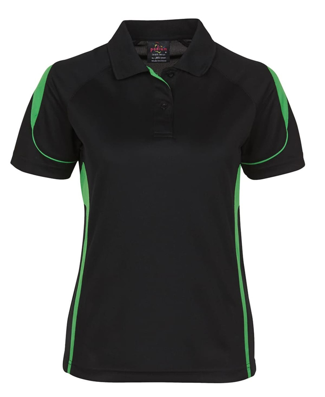 A black polo shirt with green accents and a logo. Short sleeves and a classic collar design.